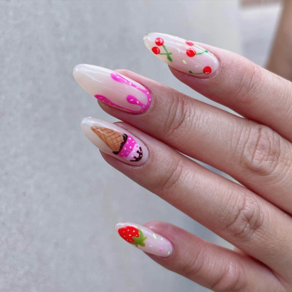 A collection of ice cream nails featuring gelato nails, beach nails, and trending summer nail colors in vibrant, sweet designs.