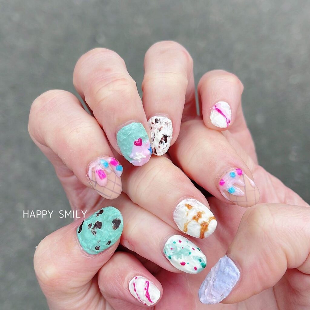 A collection of ice cream nails featuring gelato nails, beach nails, and trending summer nail colors in vibrant, sweet designs.