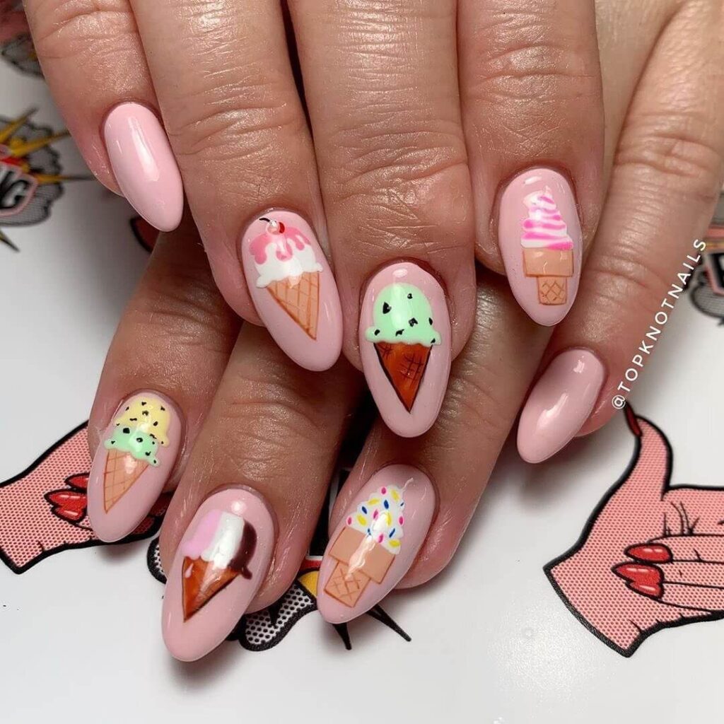 A collection of ice cream nails featuring gelato nails, beach nails, and trending summer nail colors in vibrant, sweet designs.