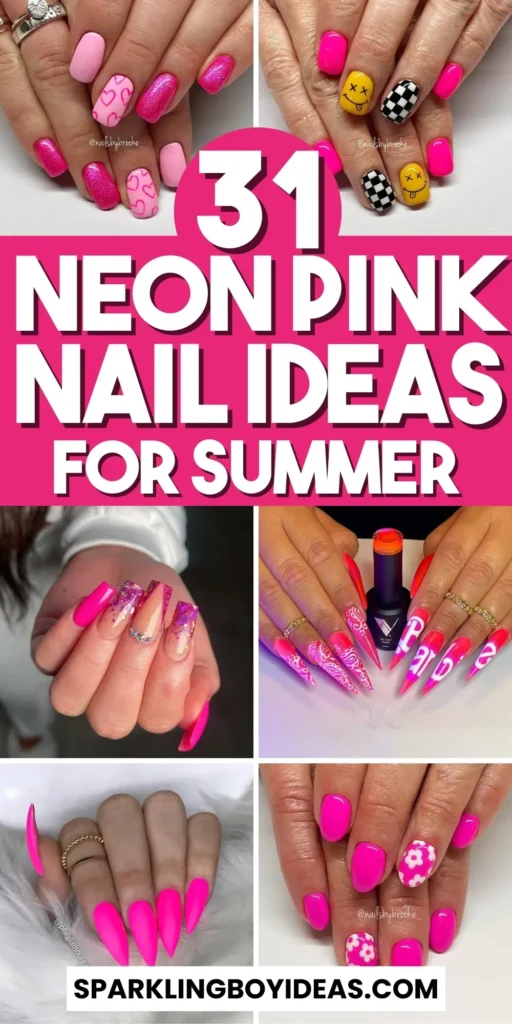 A variety of neon pink nails designs including neon pink and purple ombre nails, neon animal print nails, and neon matte nail designs.