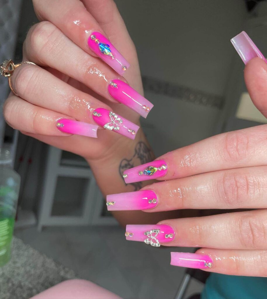 A variety of neon pink nails designs including neon pink and purple ombre nails, neon animal print nails, and neon matte nail designs.