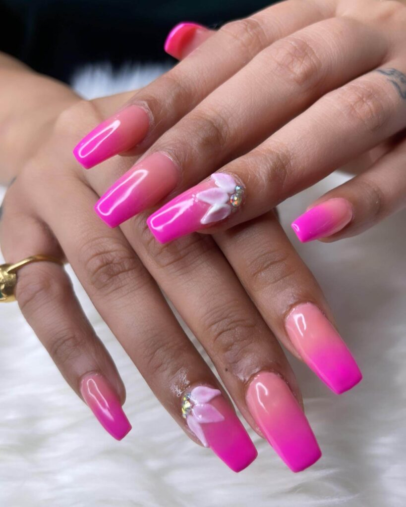 A variety of neon pink nails designs including neon pink and purple ombre nails, neon animal print nails, and neon matte nail designs.