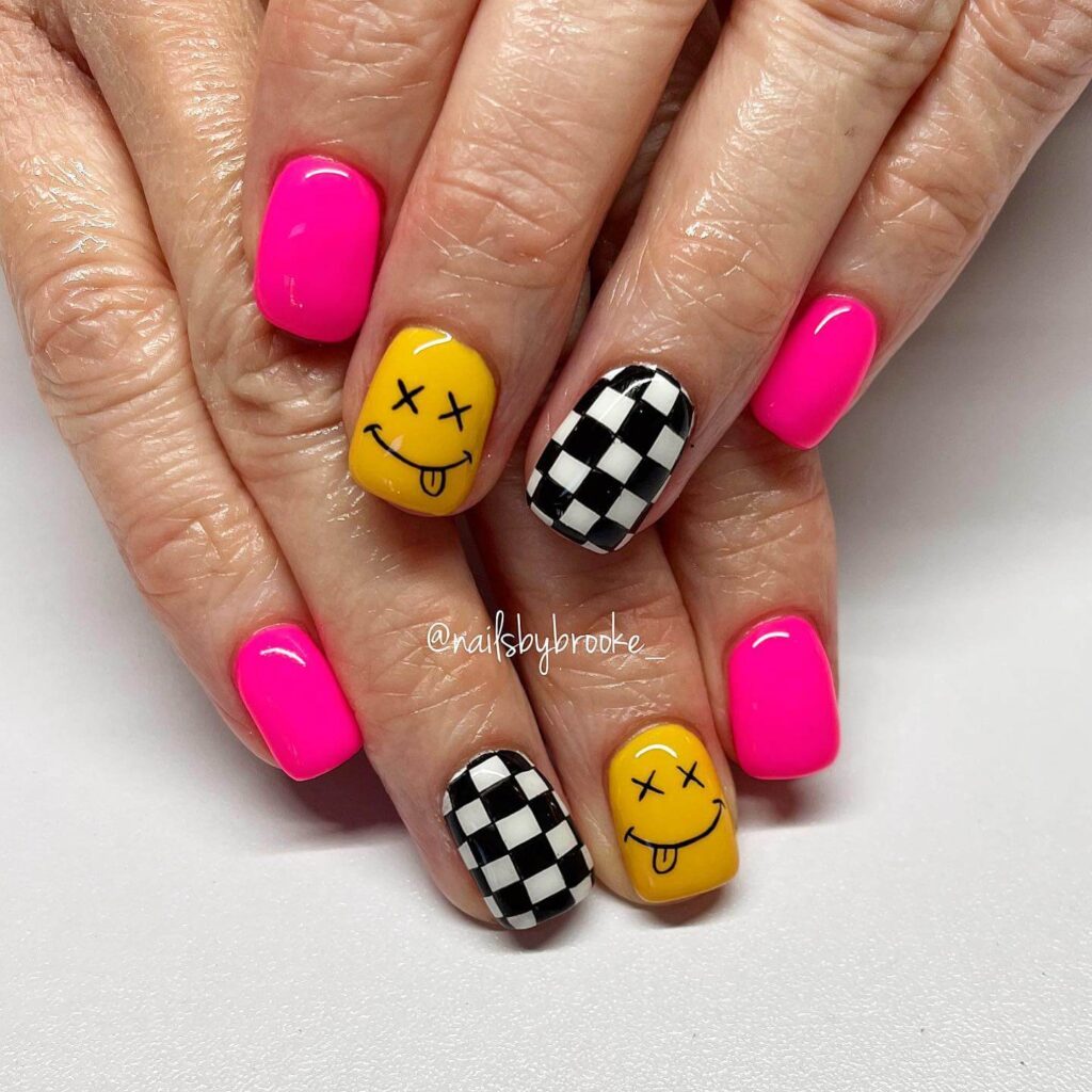 A variety of neon pink nails designs including neon pink and purple ombre nails, neon animal print nails, and neon matte nail designs.