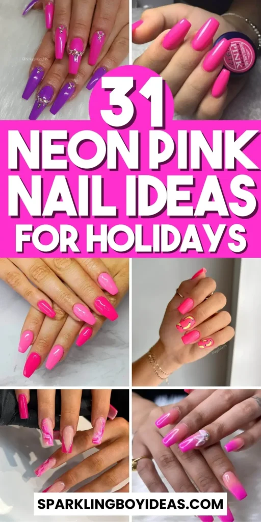 A variety of neon pink nails designs including neon pink and purple ombre nails, neon animal print nails, and neon matte nail designs.