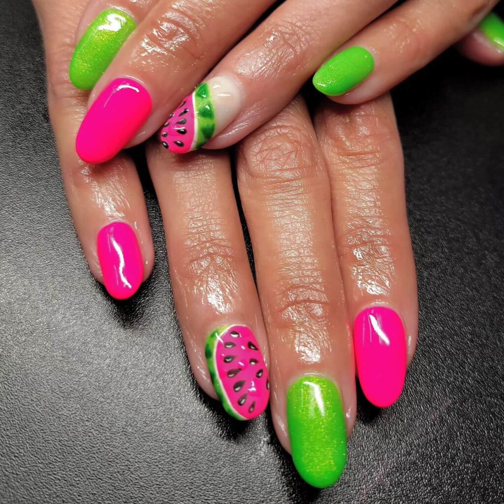 A variety of neon pink nails designs including neon pink and purple ombre nails, neon animal print nails, and neon matte nail designs.