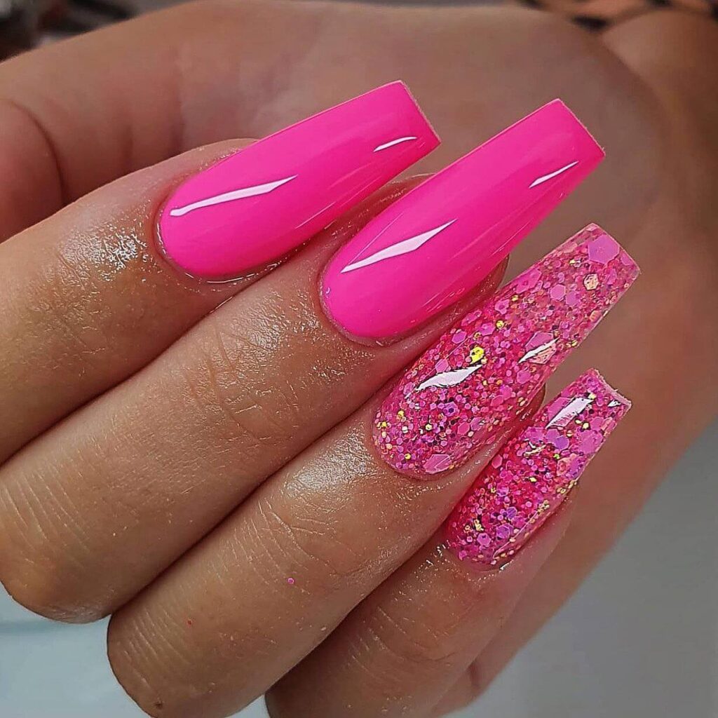 A variety of neon pink nails designs including neon pink and purple ombre nails, neon animal print nails, and neon matte nail designs.