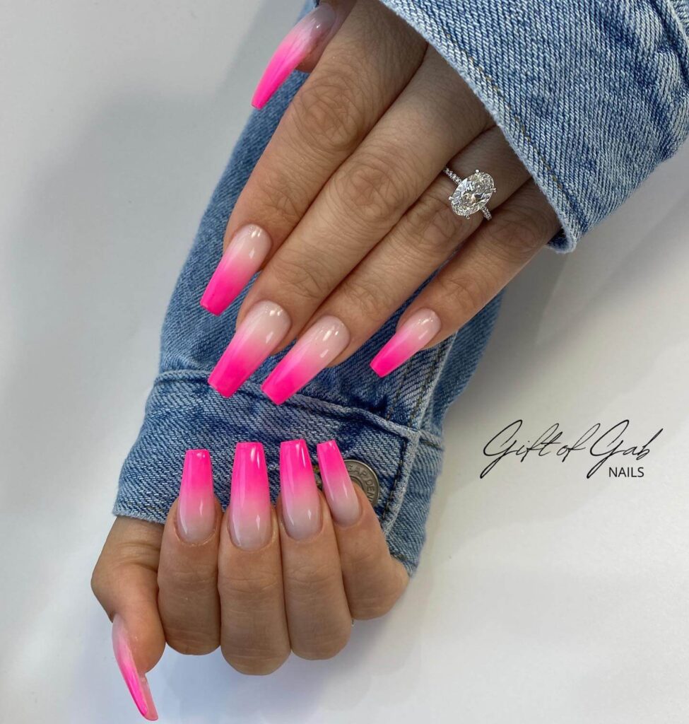 A variety of neon pink nails designs including neon pink and purple ombre nails, neon animal print nails, and neon matte nail designs.