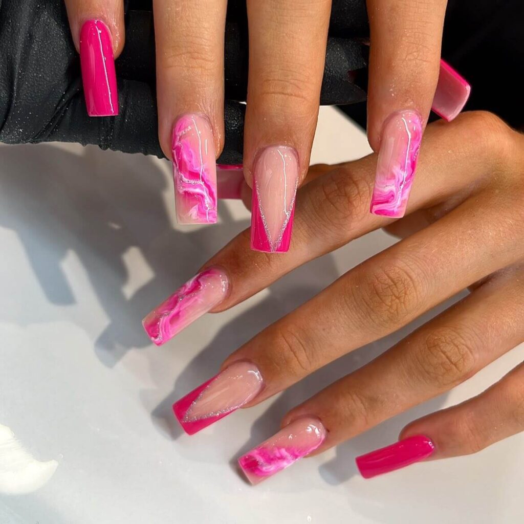 A variety of neon pink nails designs including neon pink and purple ombre nails, neon animal print nails, and neon matte nail designs.