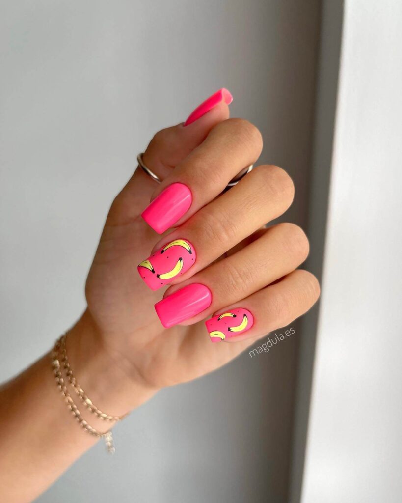 A variety of neon pink nails designs including neon pink and purple ombre nails, neon animal print nails, and neon matte nail designs.