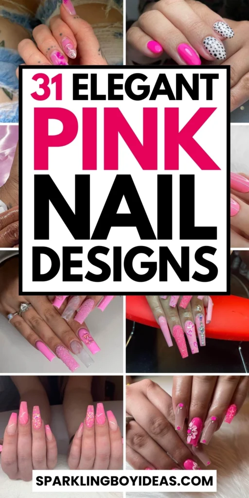 Various pink nail designs including bright pink nail designs, cute pink nail designs, and Christmas nails in pink with intricate patterns and decorations.