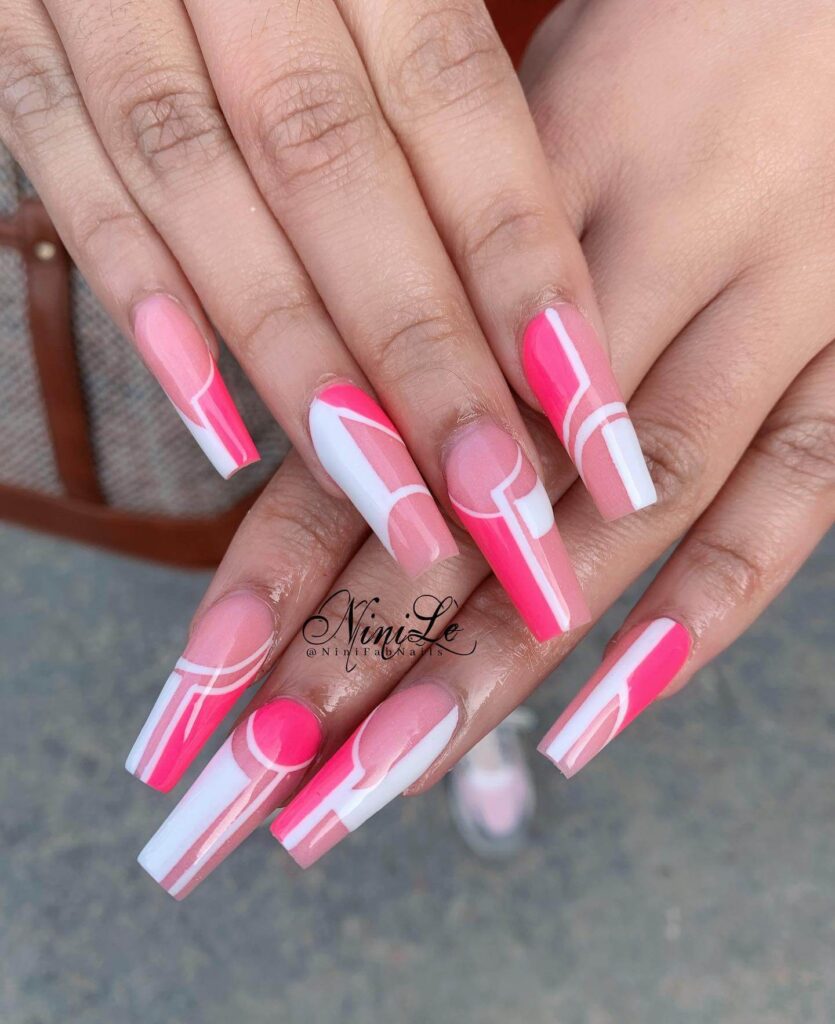 Various pink nail designs including bright pink nail designs, cute pink nail designs, and Christmas nails in pink with intricate patterns and decorations.