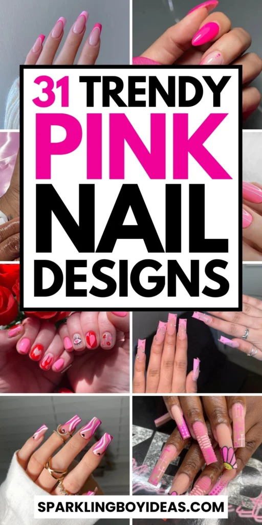 Various pink nail designs including bright pink nail designs, cute pink nail designs, and Christmas nails in pink with intricate patterns and decorations.