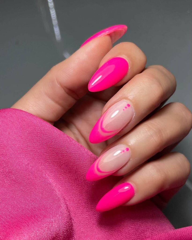 Various pink nail designs including bright pink nail designs, cute pink nail designs, and Christmas nails in pink with intricate patterns and decorations.