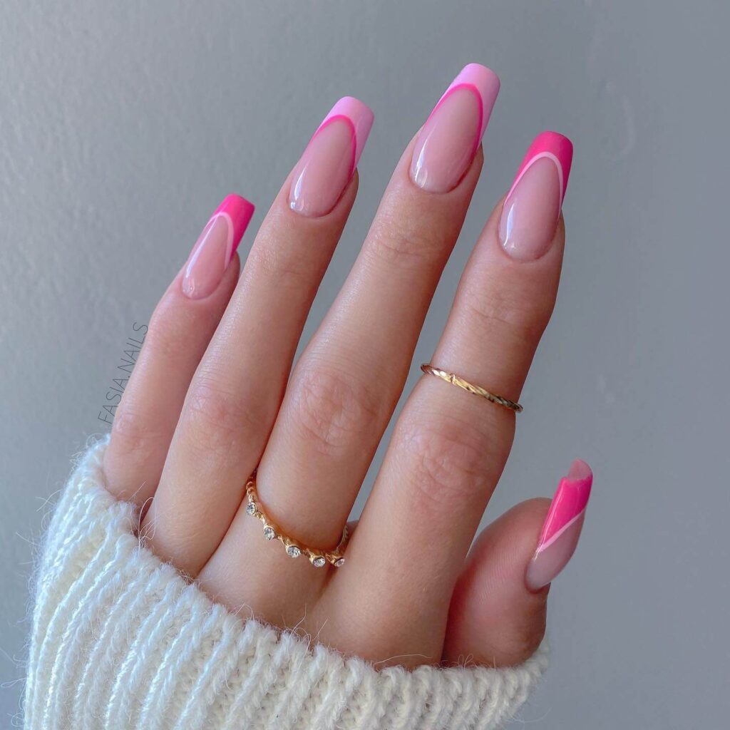 Various pink nail designs including bright pink nail designs, cute pink nail designs, and Christmas nails in pink with intricate patterns and decorations.