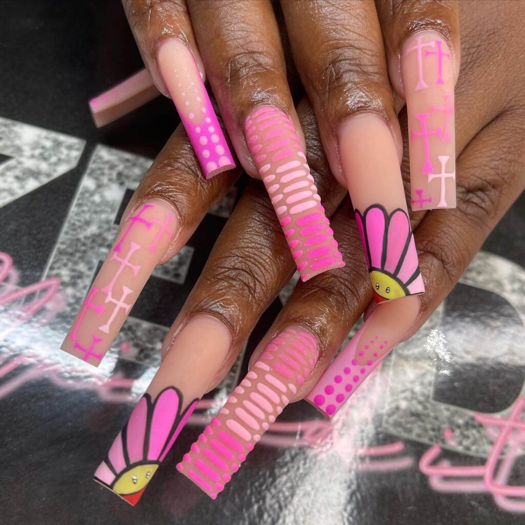 Various pink nail designs including bright pink nail designs, cute pink nail designs, and Christmas nails in pink with intricate patterns and decorations.