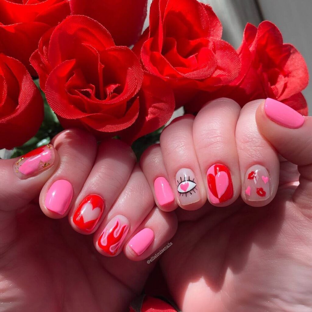 Various pink nail designs including bright pink nail designs, cute pink nail designs, and Christmas nails in pink with intricate patterns and decorations.