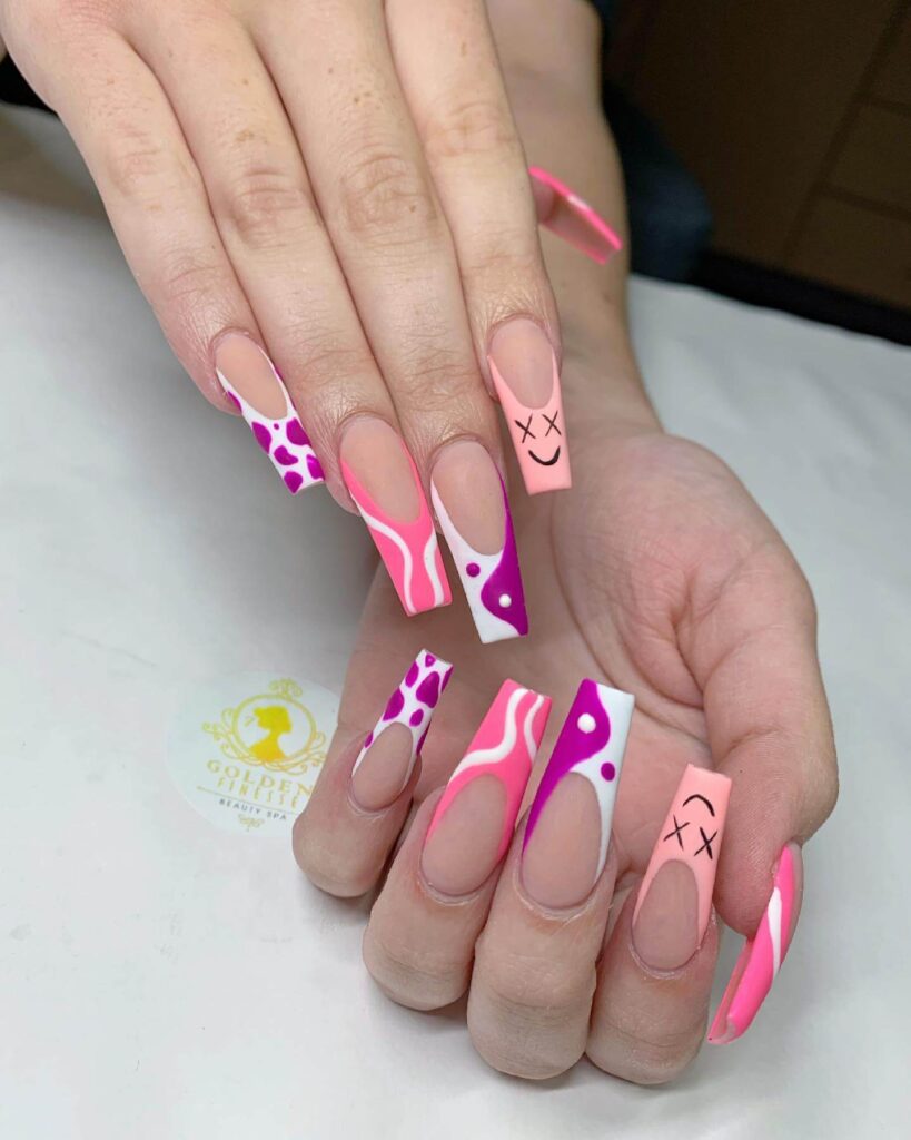 Various pink nail designs including bright pink nail designs, cute pink nail designs, and Christmas nails in pink with intricate patterns and decorations.