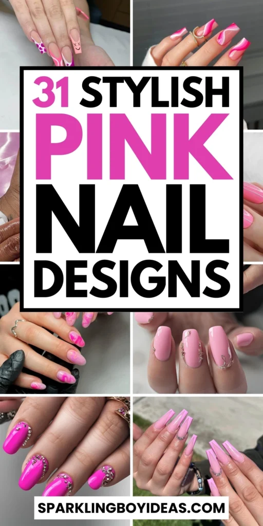 Various pink nail designs including bright pink nail designs, cute pink nail designs, and Christmas nails in pink with intricate patterns and decorations.