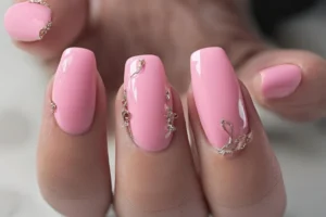 Various pink nail designs including bright pink nail designs, cute pink nail designs, and Christmas nails in pink with intricate patterns and decorations.