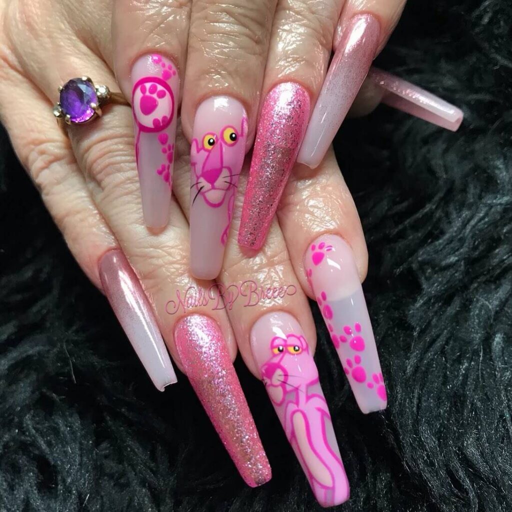 Various pink nail designs including bright pink nail designs, cute pink nail designs, and Christmas nails in pink with intricate patterns and decorations.