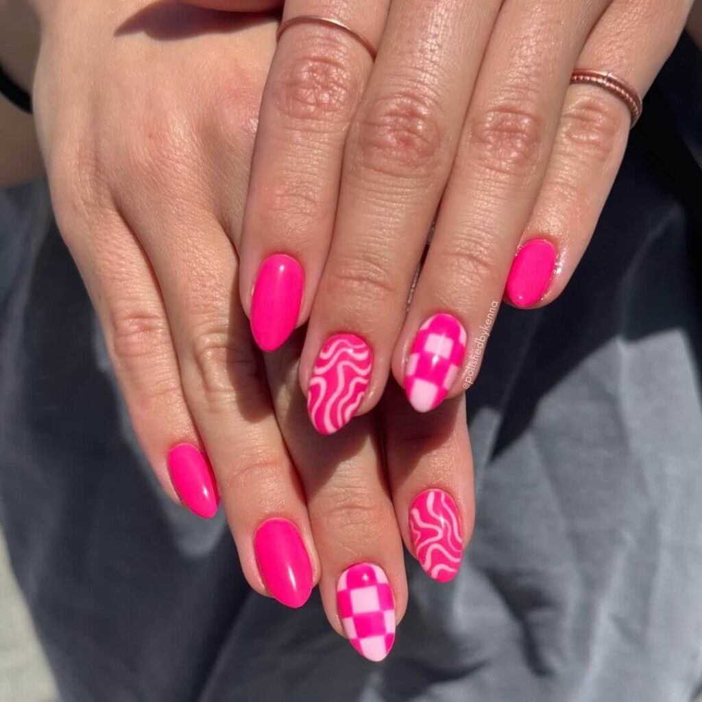 Various pink nail designs including bright pink nail designs, cute pink nail designs, and Christmas nails in pink with intricate patterns and decorations.