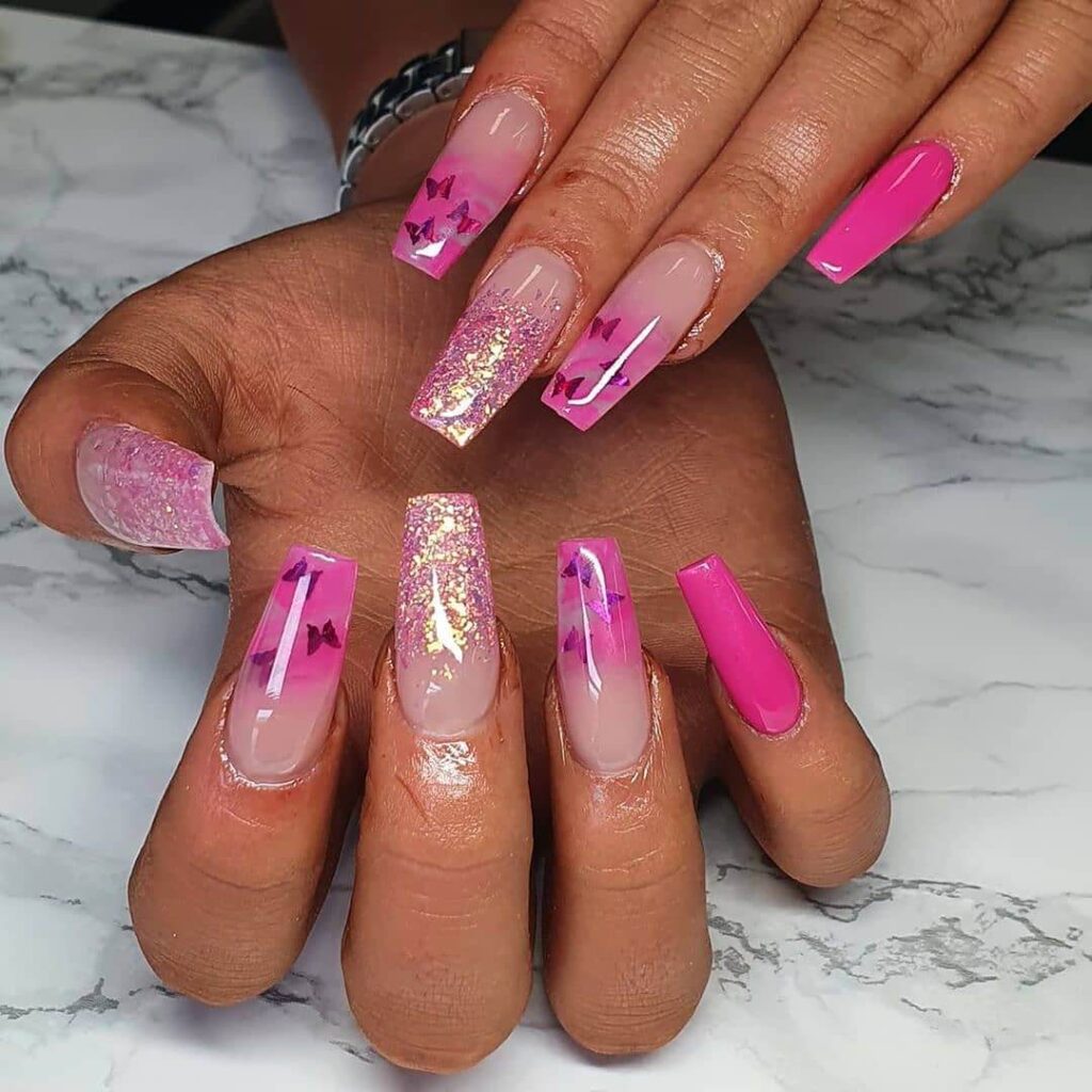 Various pink nail designs including bright pink nail designs, cute pink nail designs, and Christmas nails in pink with intricate patterns and decorations.