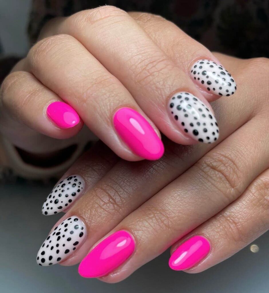 Various pink nail designs including bright pink nail designs, cute pink nail designs, and Christmas nails in pink with intricate patterns and decorations.