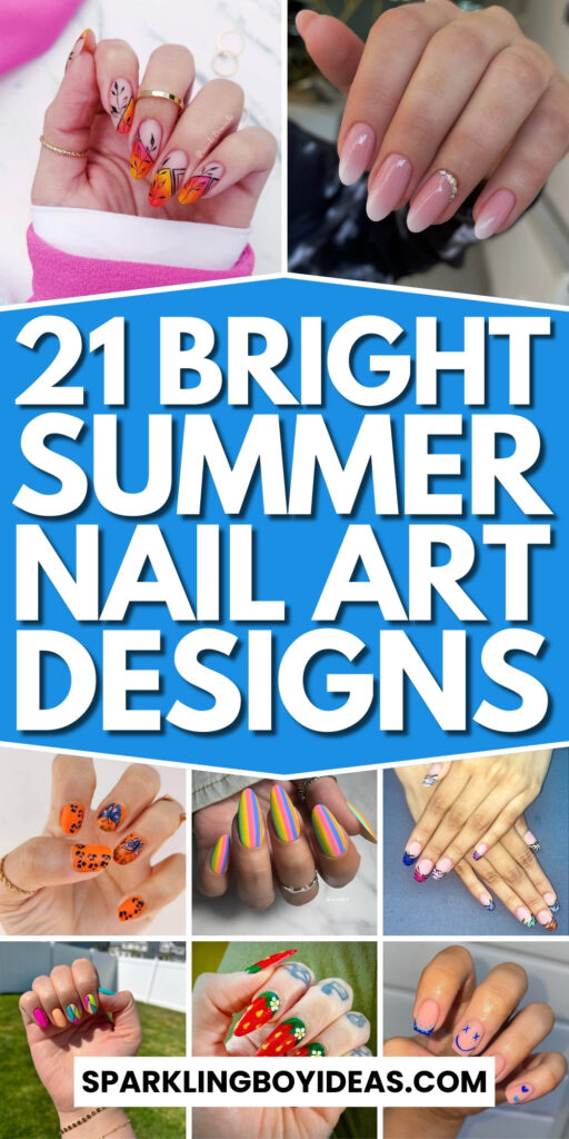 Bright and playful summer nail art with vibrant shades of blue, pink, and yellow, featuring beach-inspired designs and floral patterns.