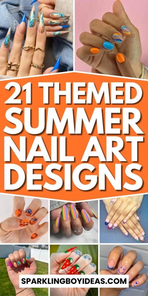 Bright and playful summer nail art with vibrant shades of blue, pink, and yellow, featuring beach-inspired designs and floral patterns.