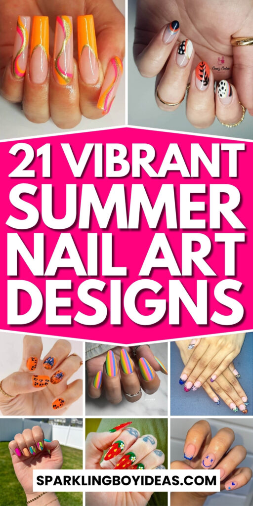 Bright and playful summer nail art with vibrant shades of blue, pink, and yellow, featuring beach-inspired designs and floral patterns.