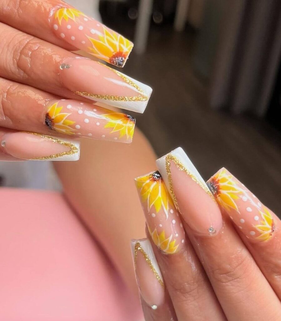 Elegant sunflower nails with intricate designs on both gel and matte finishes, perfect for any season.