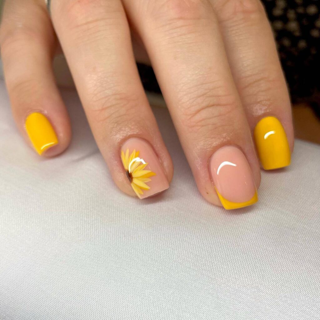 Elegant sunflower nails with intricate designs on both gel and matte finishes, perfect for any season.