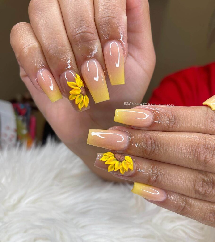 Elegant sunflower nails with intricate designs on both gel and matte finishes, perfect for any season.