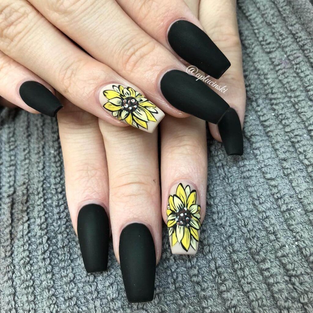 Elegant sunflower nails with intricate designs on both gel and matte finishes, perfect for any season.