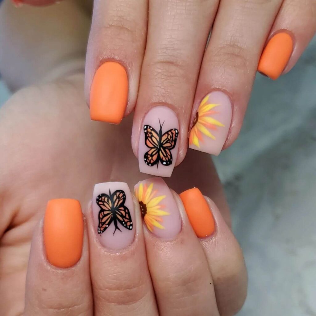 Elegant sunflower nails with intricate designs on both gel and matte finishes, perfect for any season.