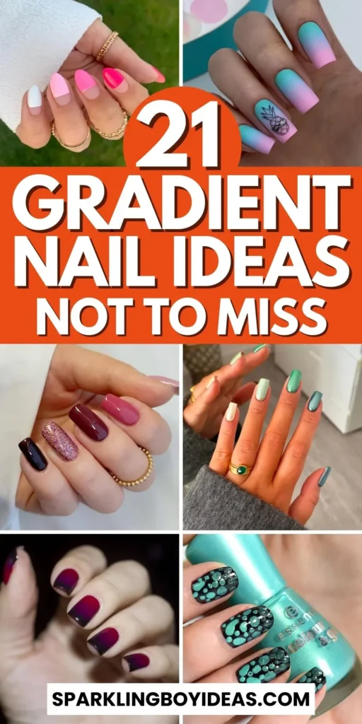 A variety of gradient nails designs including fall gradient nails, black to red gradient nails, and blue glitter fade nails.