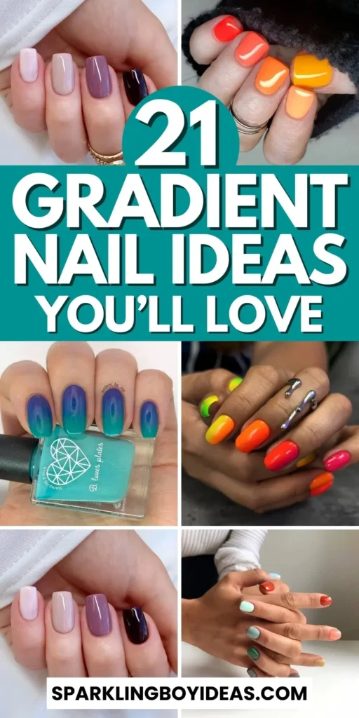 A variety of gradient nails designs including fall gradient nails, black to red gradient nails, and blue glitter fade nails.