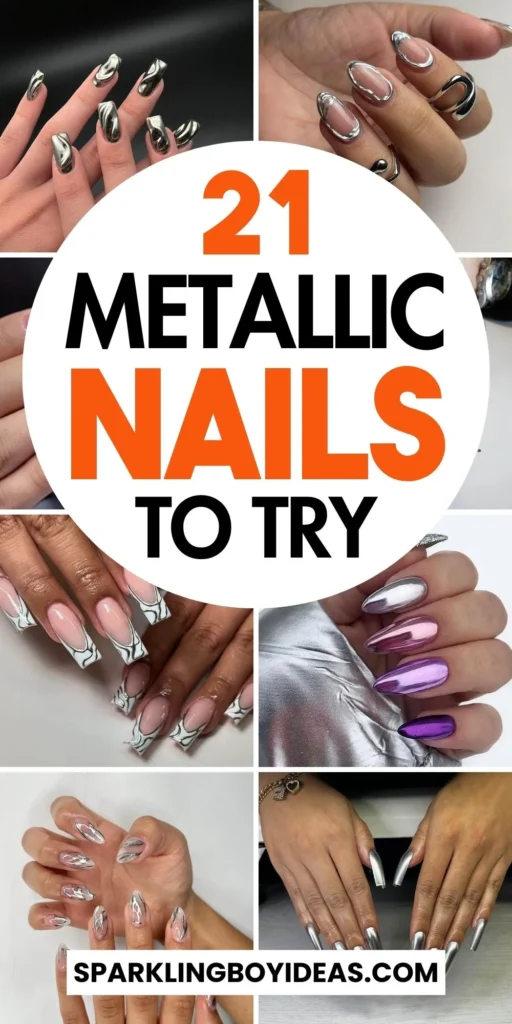 Close-up of hands showcasing various metallic nails designs, including black nails with silver flakes, dark gold nail polish, and metallic red acrylic nails.