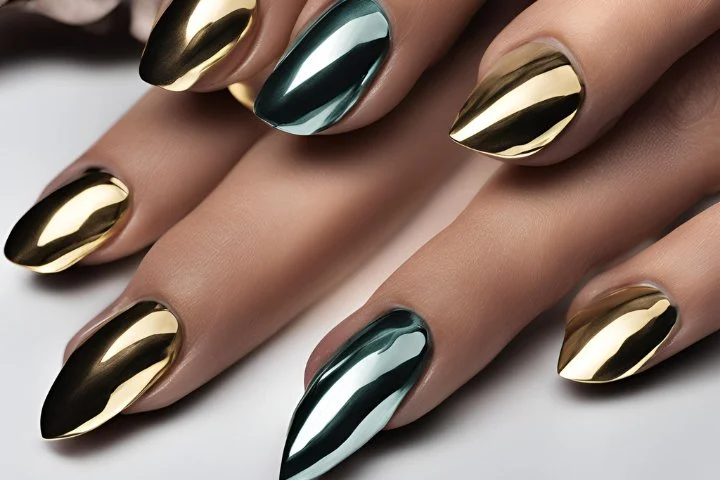 Close-up of hands showcasing various metallic nails designs, including black nails with silver flakes, dark gold nail polish, and metallic red acrylic nails.