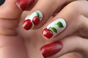 Close-up of elegant apple nails featuring a mix of big apple red and apple nail art designs.