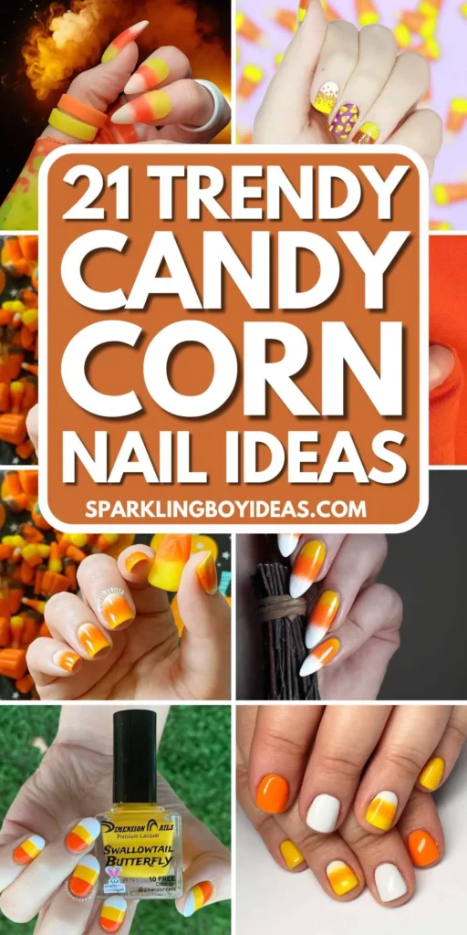 Festive candy corn nails with vibrant Halloween colors and cute designs like pumpkins and scarecrows.