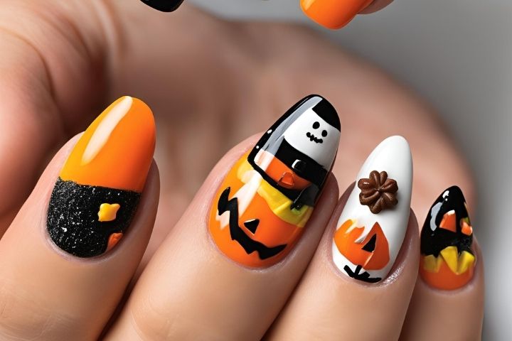 Festive candy corn nails with vibrant Halloween colors and cute designs like pumpkins and scarecrows.