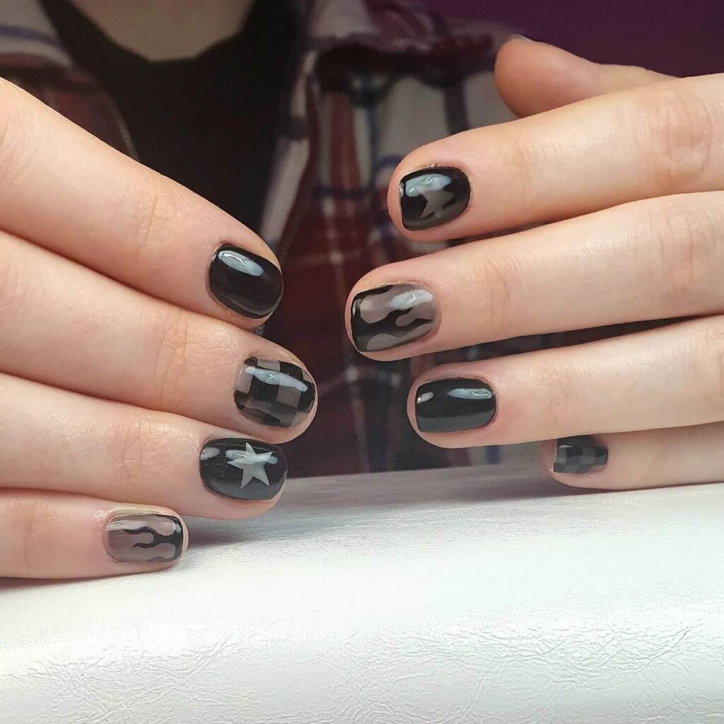 dark nails featuring burgundy, black ombre, and fall nail designs.