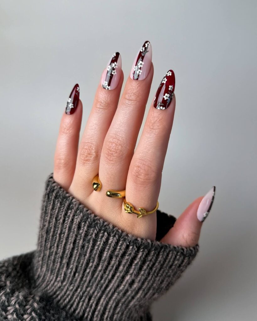 dark nails featuring burgundy, black ombre, and fall nail designs.