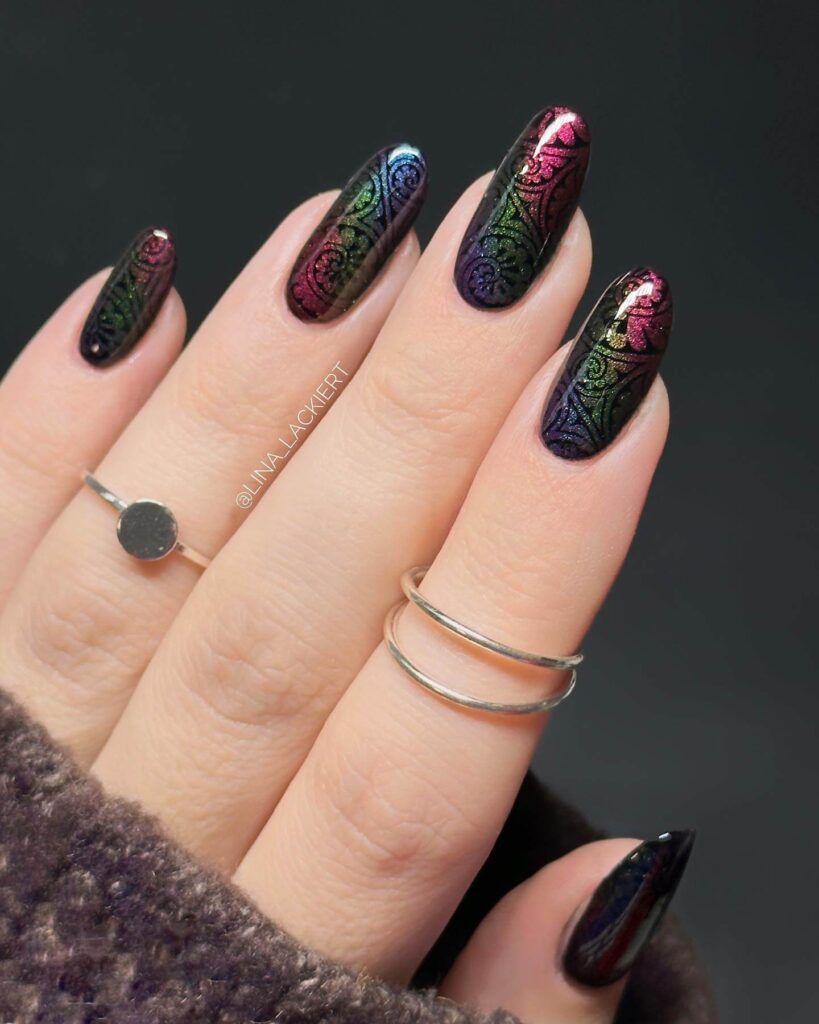 dark nails featuring burgundy, black ombre, and fall nail designs.