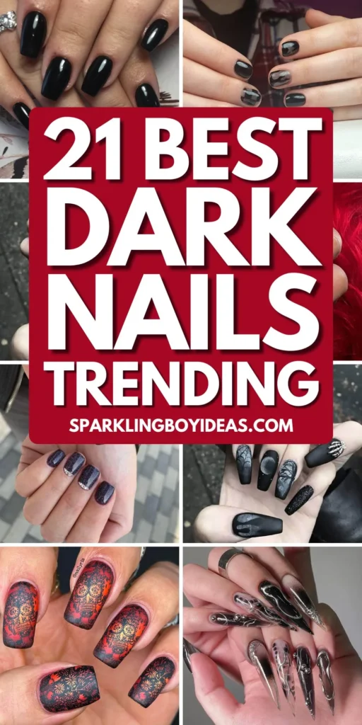 dark nails featuring burgundy, black ombre, and fall nail designs.