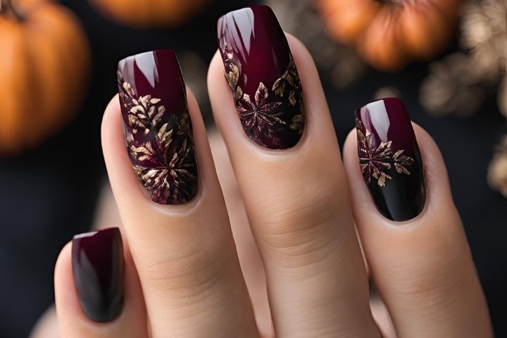 dark nails featuring burgundy, black ombre, and fall nail designs