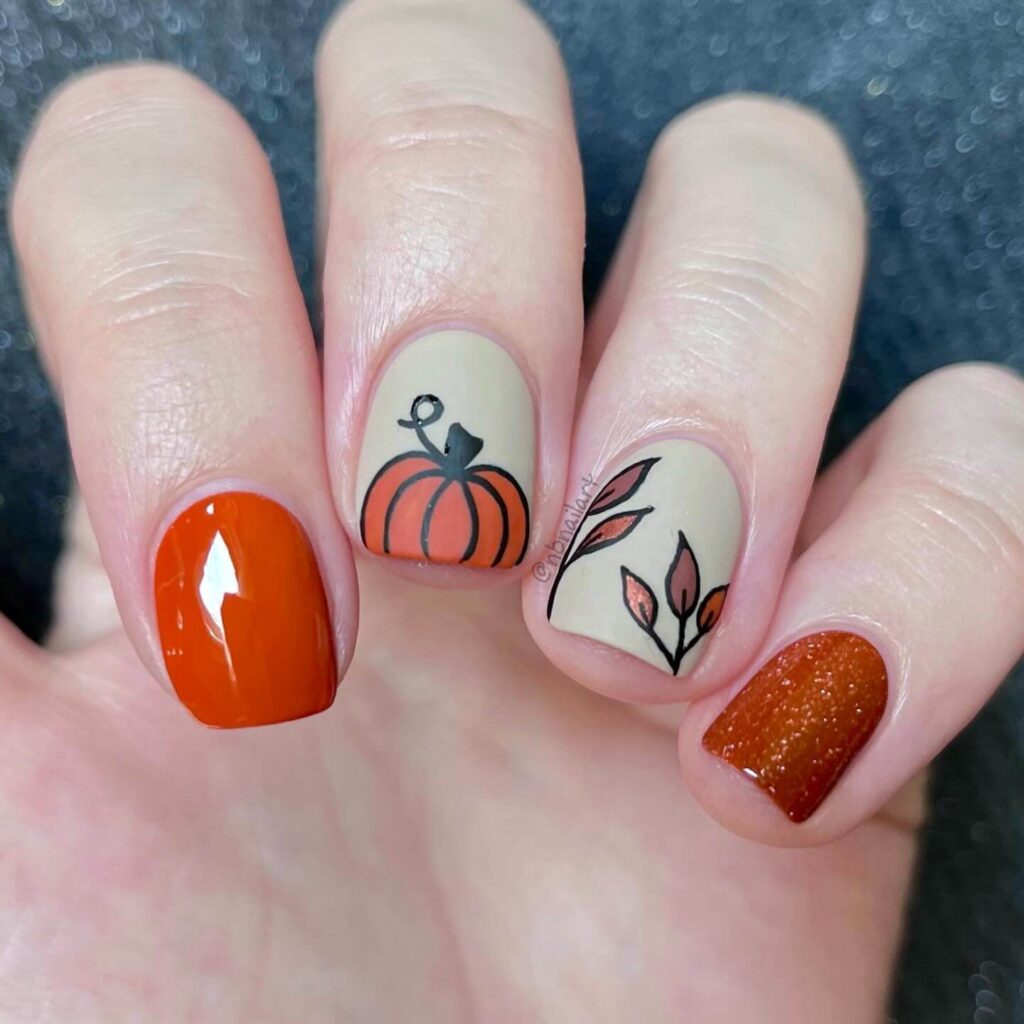 Stylish dark orange nails featuring chic fall designs perfect for autumn vibes.