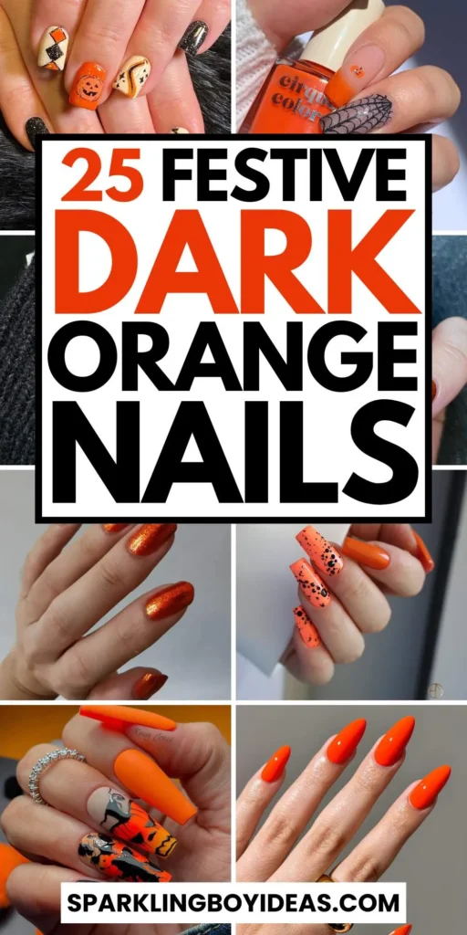 Stylish dark orange nails featuring chic fall designs perfect for autumn vibes.