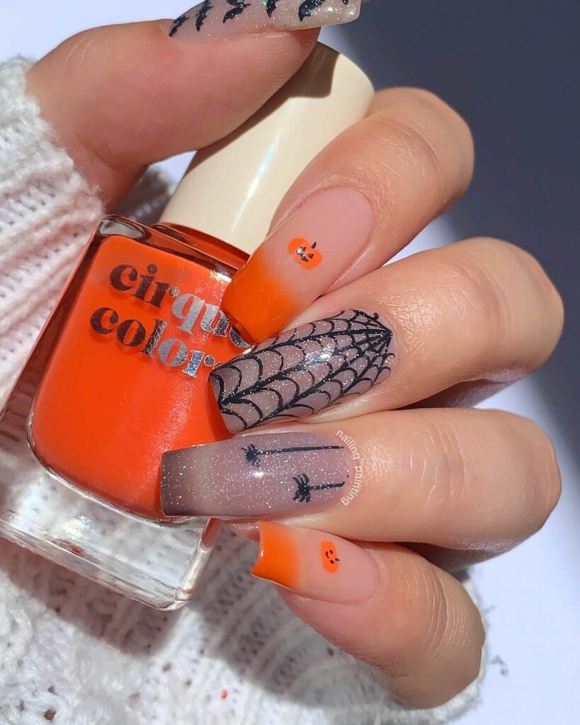 Stylish dark orange nails featuring chic fall designs perfect for autumn vibes.